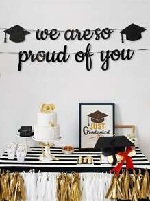 Birrete de graduación doctoral negro con pancarta "Estamos orgullosos de ti", decoración de fiesta adecuada para la temporada de graduación y la ceremonia de conmemoración - Negro - Ver 3