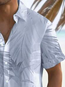 复古夏威夷花卉叶子3D数码印花宽松轻薄男士短袖纽扣衬衫 - 淺藍色 - 查看 5