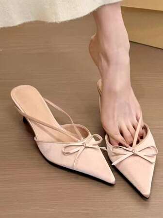 Pointed Toe Bow Decor Backless Mules, Satin French Style Elegant Slip-On Flats For Spring/Summer 2025