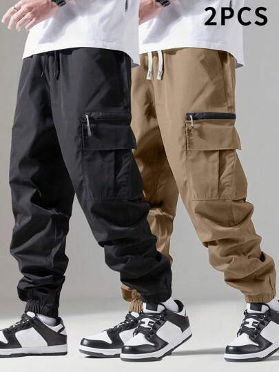 2pcs/Set Tween Boys' Casual Loose Solid Cargo Pants With Pockets, Relaxed Fit Drawstring Waist Trousers