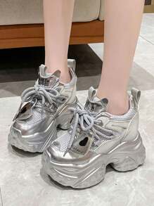 2025 New 4-Season Women's Fashion Mesh Chunky Sneakers, Breathable Sports Casual Thick-Sole Soft Commuting Platform Sneakers - Silver - View 6