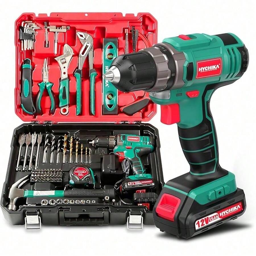 New HYCHIKA DIY Tool Kit Filled Professional, Cordless Drill Driver 30Nm + 104-T High-Quality Household Universal Tool Set + Practical Tool Box Packaging. For Repairs And Maintenance - Bildfarbe - View 1