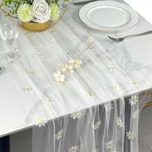1 pieza Camino de mesa bordado con margaritas, mantel de encaje sencillo, decoración bordada con margaritas y verdor en estilo rústico y elegante, adecuado para bodas, reuniones familiares, fiestas de cumpleaños y decoración textil DIY