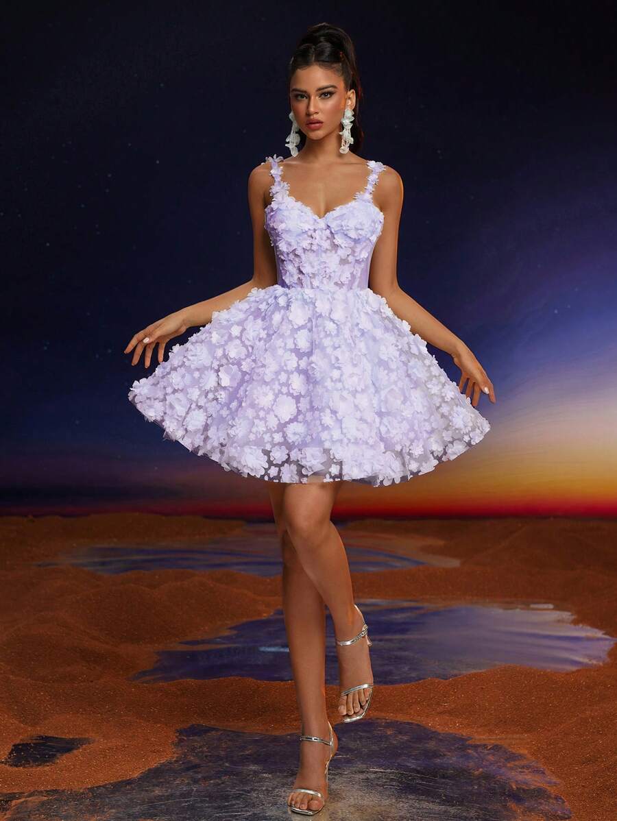 Anymoon Elegant Applique Net Yarn Spaghetti Strap Prom Dress, Party Dress - Purple - View 1