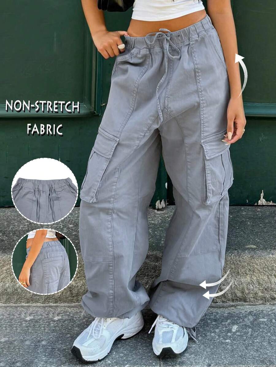 Women's High Waist Drawstring Large Pocket Casual Cargo Pants - Light Grey - View 1