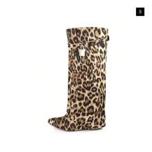 Padlock Detail Fold Over Wedge Knee High Boots - Leopard - View 2