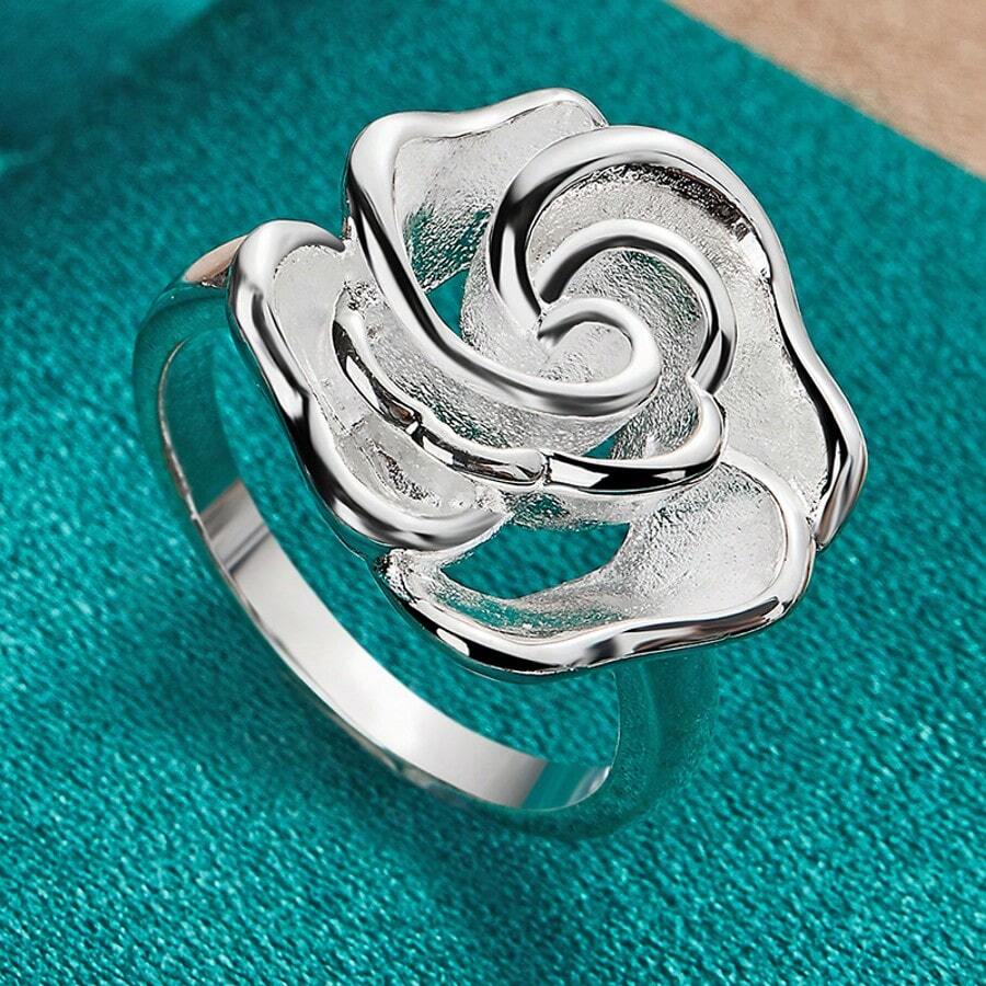 New 925 Sterling Silver Plated Flower Ring For Women, Elegant Fashion Party Gift, Student Charm Wedding Jewelry - Silver - View 1