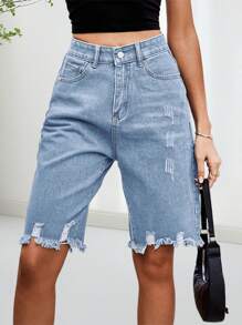 Womens Ripped Bermuda Denim Shorts Casual High Waist Raw Hem Knee Length Jean Shorts