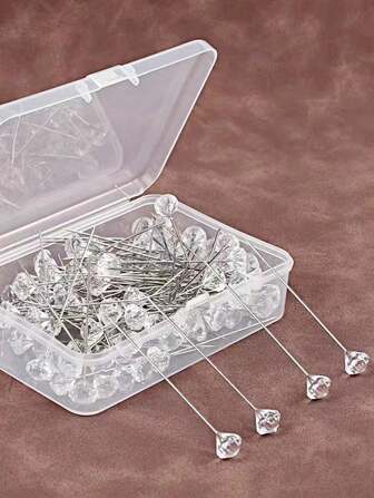50pcs/100pc-Crystal Rhinestone Head Pins With Plastic Box, Used For Wedding Sewing Diy Craft Decoration