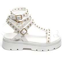 Studded Gladiator Style Thick Sole Adjustable Strap Sandals - White - View 4