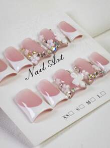 10pcs Y2K Pink & White French Manicure Fake Nails, Bow Design, Rhinestone Decor, Small White Flower Accent, Suitable For Daily, Wedding, Party, Holiday Outfits, Great Gift For Women And Girls Nail Supplies - Pink - View 6