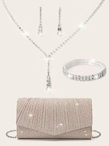 Conjunto de joyas de mujer con cristales brillantes y lujo - Conjunto de collar, aretes y pulsera con cristales brillantes, ideal para eventos y bolso con pliegues en forma de V