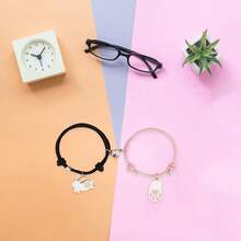 Pulseras a juego con dijes de conejito, 2 piezas, lindas pulseras de  con forma de corazón ajustables de Pascua para parejas. - Negro y rosa - Ver 3