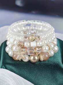 4pcs Bohemian Fashion Personalized Versatile Multi-Layer Stretch Bracelet, Creative Crystal Butterfly Pearl Beads Bracelet For Women, Birthday Party Gift - Coffee - View 11