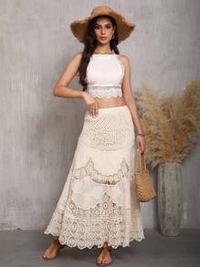 Guipure Lace A-Line Skirt - Flowy, Casual, Solid-Colored, Smock Waist Women's Fashion Clothing For Everyday Wear - Apricot - View 2