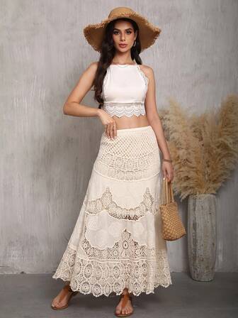 Falda acampanada de encaje guipur - Fluida, informal, de un solo color, cintura fruncida - Ropa de moda para mujer para uso diario