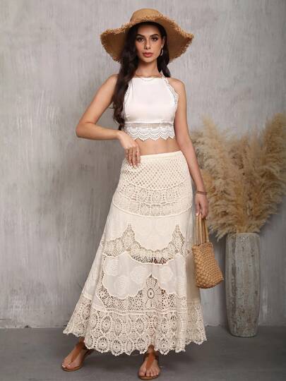 تنورة خط A من الدانتيل جيبور - متدفقة ، كاجوال ، ذات لون واحد ، خصر قطعات، ملابس موضة للنساء للارتداء اليومي