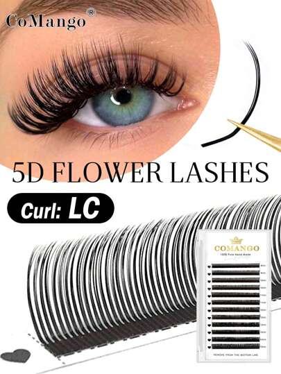 CoMango 12 file di ciglie finte LC Curl 0,07 mm, effetto soffice e delicato, ciglie 5D a ventaglio pronte, ciglie finte in morbido mink 5D Flora, per applicazioni di makeup, ciuffetti di ciglie, ciglie singole, ciglie finte
