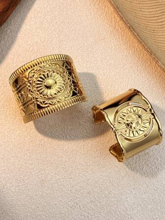 1 pieza Brazalete de acero inoxidable de forma de sol, de lujo y elegante, chapado en oro de 18K en acero de titanio para mujeres, decoración para Acción de Gracias, Ramadán, fiestas