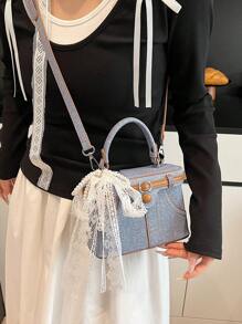 系带装饰 新款时尚斜挎包 简约休闲手提包 小方包 化妆包 珍珠吊坠 围巾装饰 休闲手提包 盒装包 拼布女式手提包 - 藍色 - 查看 10