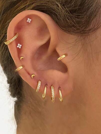 6pcs Elegant Earring Set, 14K Gold Plated Stainless Steel Earrings With Tiny Cubic Zirconia Stones, Suitable For Multiple Ear Piercings Including Earlobe, Cartilage, Helix