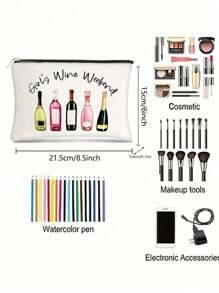 1pc Fashion Wine Bottle Makeup Bag, Lightweight Zippered Cosmetic Pouch, Multifunctional Travel Organizer, Casual Style, Handwash, No Strap, Polyester, Ideal Gift For Teachers, Friends, Graduation Essential Travel Essentials Travel Accessories Travel Must Haves - Multicolor - View 4