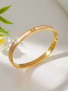 防水奢华彩色方晶锆石手镯不锈钢开口手链手镯 18k 镀层时尚珠宝女士 - 金白貝手鐲 - 查看 3