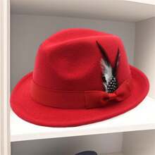 Feather Hats Vintage Short Brim Felt Fedora Hats For Women Men Jazz Hats - Đỏ - Xem 5