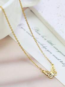 1 件蝴蝶骷髅吊坠项链简约时尚金色不锈钢链精致蝴蝶项链不锈钢女士首饰派对日常装饰品送给妈妈的母亲节礼物 - 金色 - 查看 2