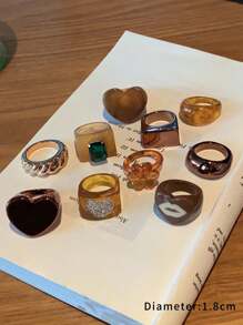 10pcs/Set Assorted Flower & Heart Shaped Resin Retro Rings, Unique Fashion Jewelry Rings For Women & Girls, Daily Wear