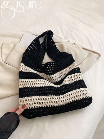Women's Aesthetic Contrast Color Knitted Shoulder Bag Hollow Out Stripe Tote Handbag Woven Female Fashion Accessory Hollow Out Tote Bag Shopping Bags Shoulder Bags Crochet Stripe Knitted Beach Bags Large Capacity Versatile Bags For Women