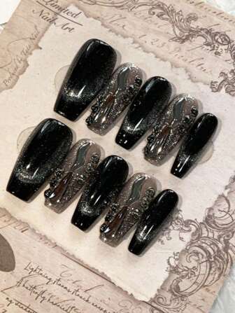 10Pcs Handmade Gothic Style Coffin Shaped French Crystal Cat Eye Long Lasting Premium Rhinestone Nail Tip Set, Includes 1 Bottle Gel And 1 Nail File, Suitable For Daily, Work, School, Date, Party, Dance Press On Nails Nail Supplies Nails