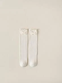 1 Pair Children's Solid Color Bow & Ruffle Trim Mid-Calf Socks, Comfortable Breathable Fashion, Spring/Autumn - Multicolor - View 12