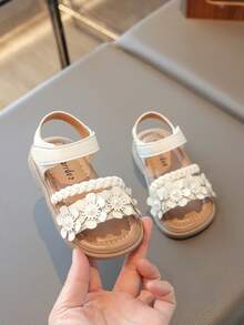 1 双儿童夏季编织带凉鞋，休闲时尚男童/女童平底沙滩鞋，适合日常穿着、旅行、幼儿 - 米色 - 查看 3