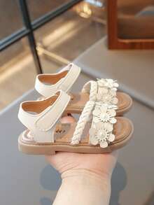 1 双儿童夏季编织带凉鞋，休闲时尚男童/女童平底沙滩鞋，适合日常穿着、旅行、幼儿 - 米色 - 查看 4