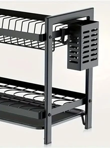 1-Pack Black 2-Tier Iron Dish Rack With Drain Board & Chopsticks Holder - Heavy Duty Kitchen Countertop Organizer, Large Capacity Utensil Drying Rack, Rust-Resistant Dish Drainer For Sink Side - Multicolor - View 6