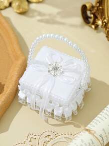 1 件婚礼手持戒指盒蕾丝仿珍珠戒指盒蝴蝶结小花篮花童手持心形戒指枕婚礼道具 - 彩色 - 查看 6