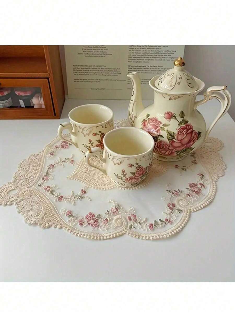 1pc French Lace Embroidered Mat, Decorative Vintage Organza Pad For Furniture, Bedside Table, Photography Prop, Coaster