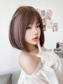 1 片合成耐热直发短发多色假发，带刘海，长度 14，纤维时尚假发，自然逼真假发。 - 彩色 - 查看 4