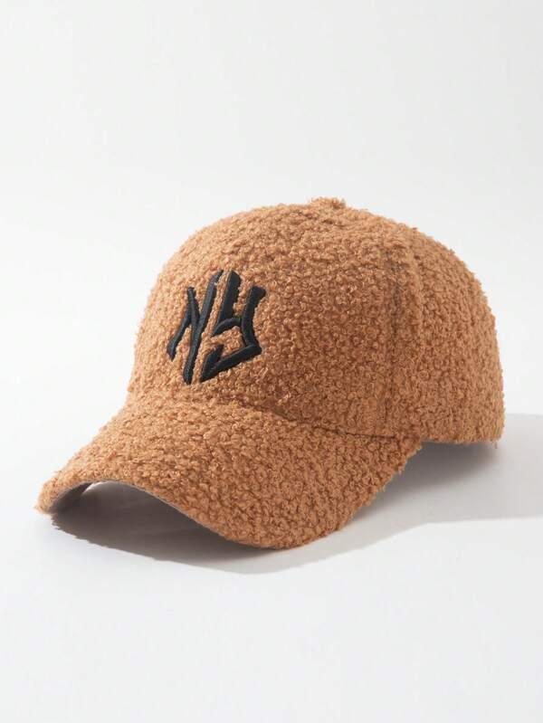 1 Piece New York Embroidery Street Wear Winter Baseball Cap For Men Lamb Wool Solid Color Warm Baseball Cap For Outdoor Travel