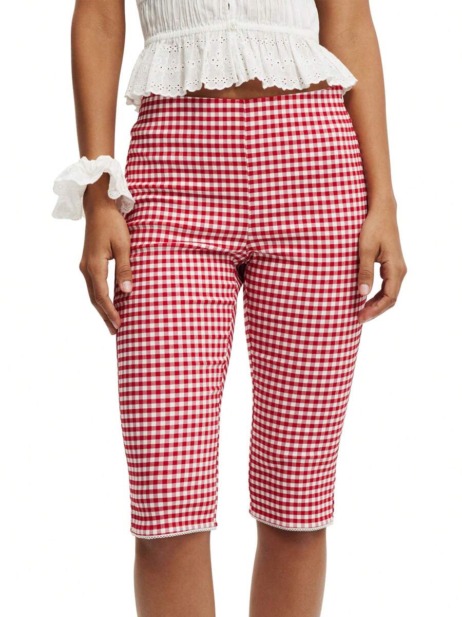 Women Plaid Capri Pants Mid Rise Side Split Knee Length Tights Casual Leggings For Daily Party Club - Red - View 1