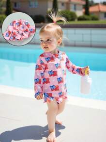 Toddler Girls Rash Guard Swimsuit Rompers Independence Day Print Baby Ruffles Bathing Suit Swimwear With Swim Cap - Pink - View 3