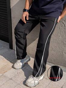 Men's Luminous Printed Reflective Side Webbing Casual Pants With Pockets - Black - View 1