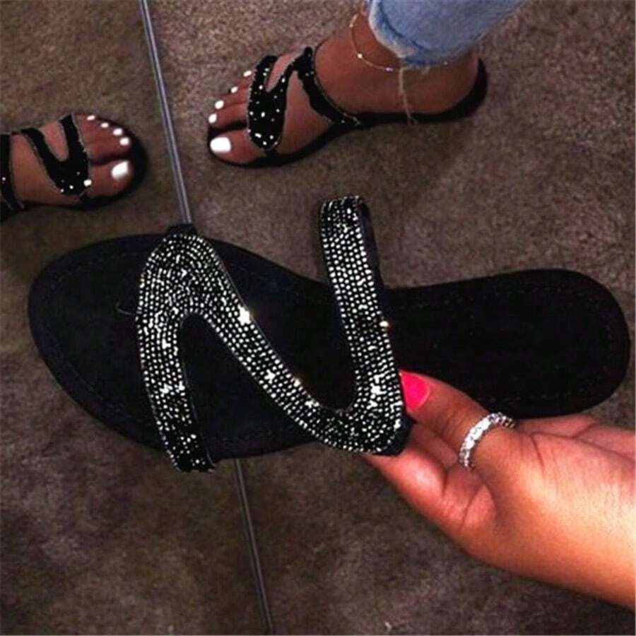 Women's Fashion High-End Casual Rhinestone Decor Flat Sandals - Black - View 1