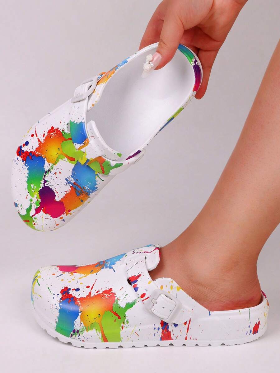 pueenb 时尚女士涂鸦木屐 - 轻便透气休闲花园套装，舒适沙滩鞋，速干镂空设计，防滑鞋底 - 彩色 - 查看 1