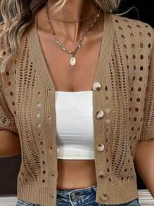 Women Solid Color Simple Casual Hollow Out Short Sleeve Cardigan