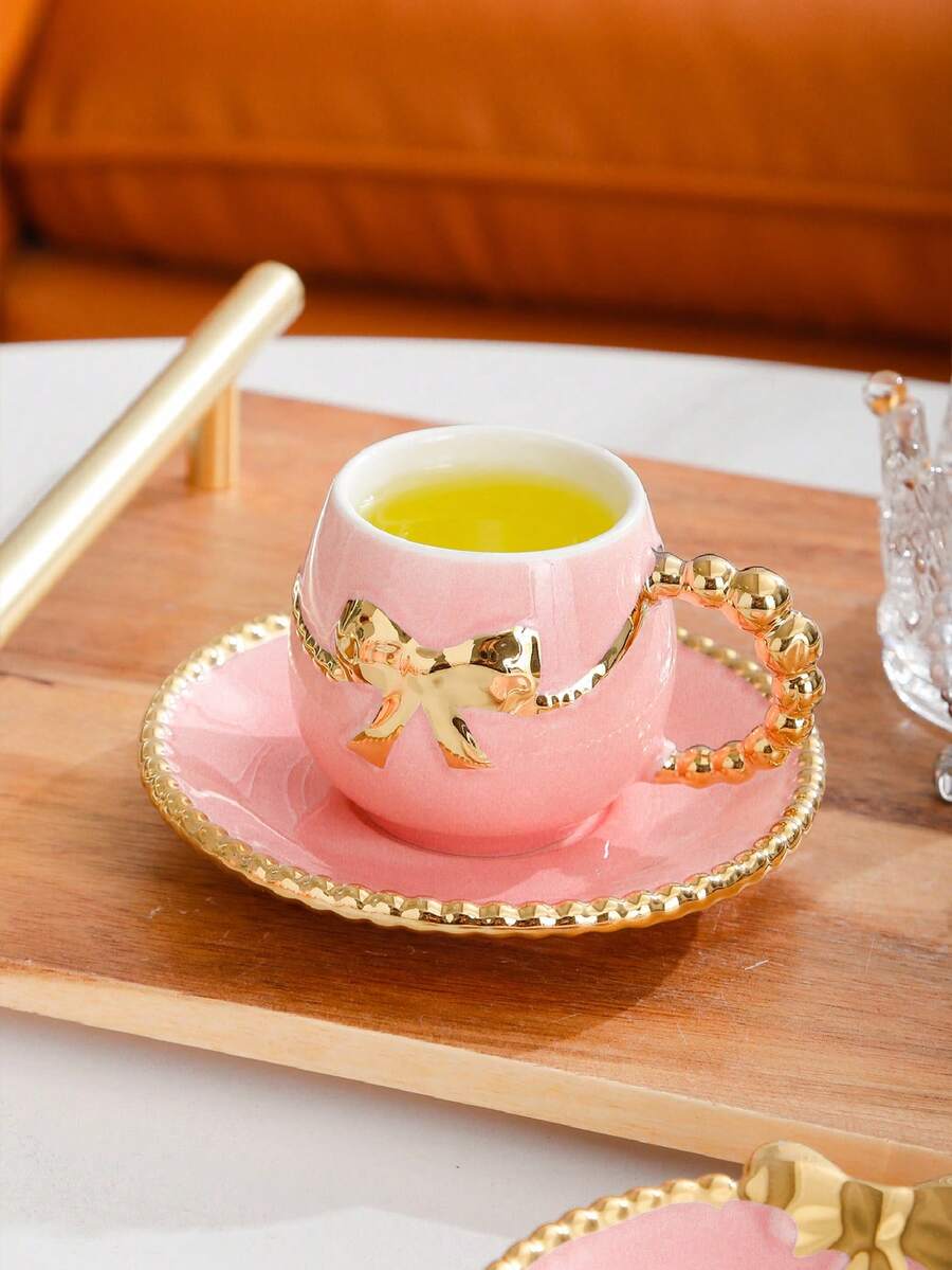 Set de 6 tazas y platillos de café, con diseño de borde de perla y lazo, taza de 100ml, nuevo