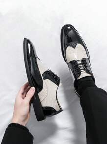 Men's Pointed Toe Formal Color Block Lace-Up Fashion Brogue Leather Shoes - White - View 10