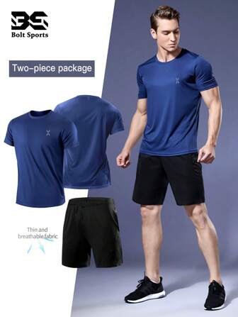 2 件套男士运动套装、T 恤和抽绳短裤，轻便，适合跑步、篮球、足球、健身