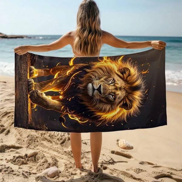 1 pièce Extra grande, légère, en microfibre, séchage rapide, serviette de plage anti-sable avec imprimé lion majestueux en flamme - idéale pour la plage, la piscine, le camping et les voyages, entretien facile, vacances d'été, décoration de salle de bain, accessoires de plage